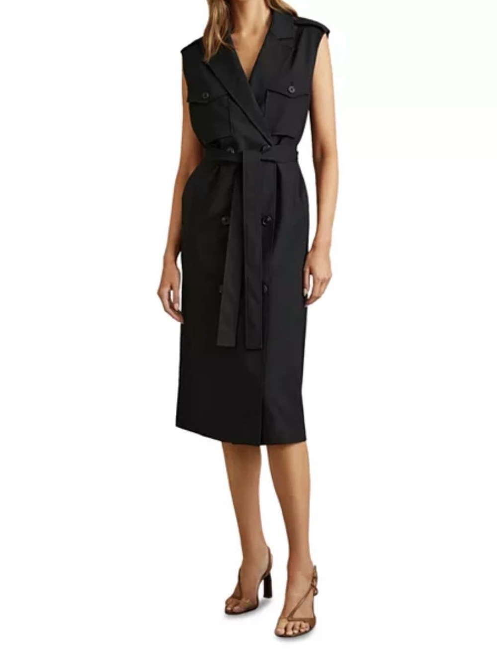 🆕 REISS Kimora Black Button Front Trench Midi Dress - 12